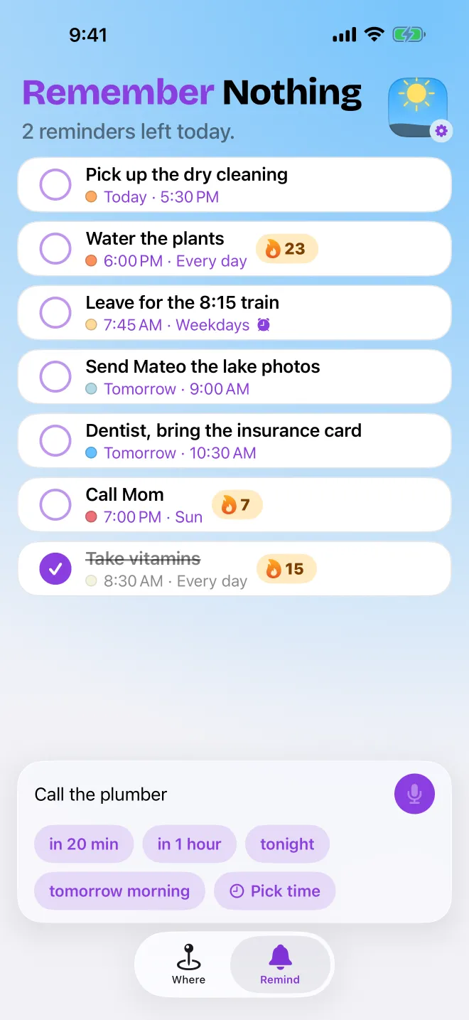 A voice reminder being spoken into the Remind bar.