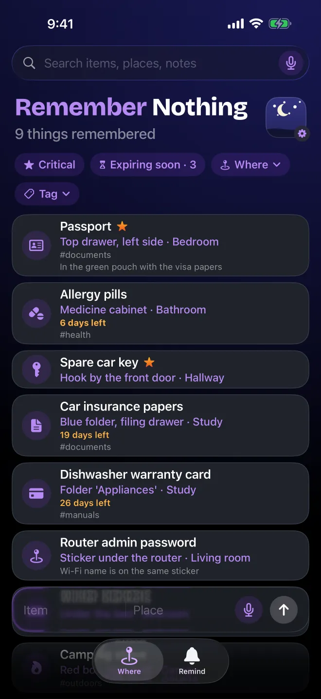 The Where list in dark mode, under a night sky.